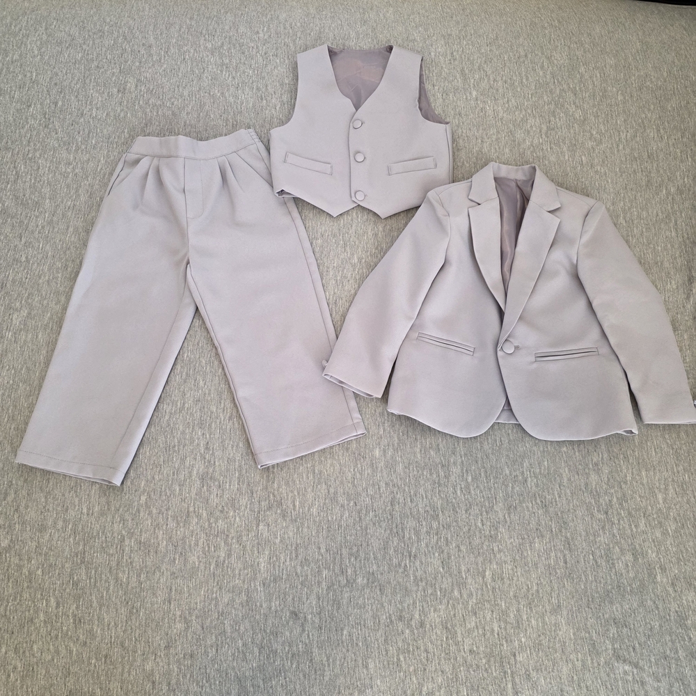Toddler Little Boys Light Gray Dress Suit Set - Jacket, Vest & Pants